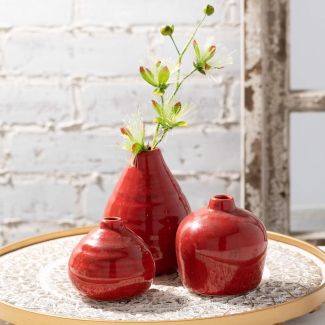  Ceramic Vase Set- 3 Small Vases, Rustic Home Décor, Modern Farmhouses; Ideal Shelf Décor, Table Décor, Bookshelf, Mantle, Red (CM2038)