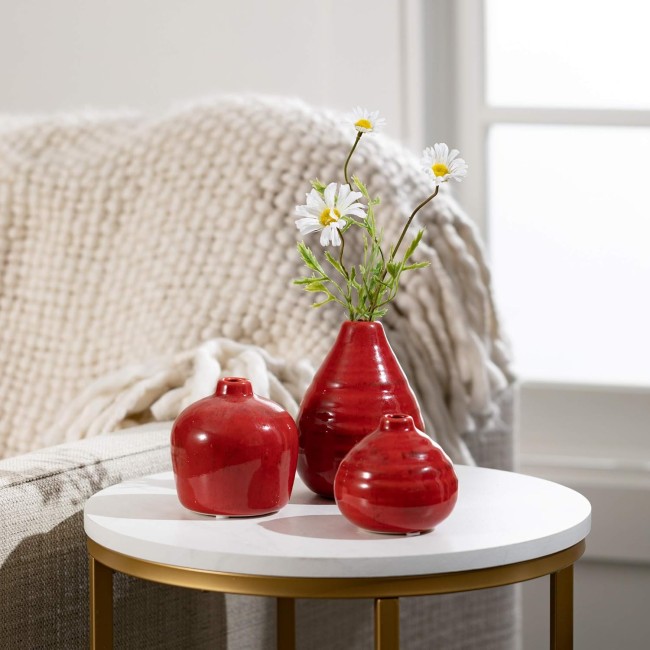  Ceramic Vase Set- 3 Small Vases, Rustic Home Décor, Modern Farmhouses; Ideal Shelf Décor, Table Décor, Bookshelf, Mantle, Red (CM2038)