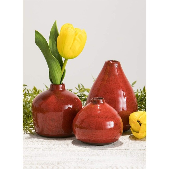  Ceramic Vase Set- 3 Small Vases, Rustic Home Décor, Modern Farmhouses; Ideal Shelf Décor, Table Décor, Bookshelf, Mantle, Red (CM2038)