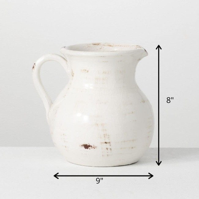  Modern Farmhouse Decorative Ceramic Pitcher, 9 x 7 x 8 inches, Distressed Farmhouse Décor, Off-White Crackled Finish, Faux Floral Vase, Mantel, Dining Table and Living Room Décor (CM2515)