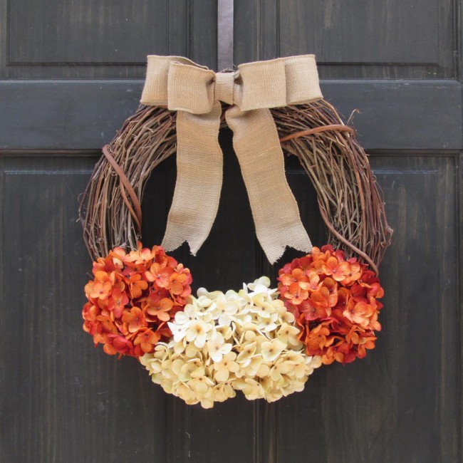 Rustic Summer Hydrangea Grapevine Wreath - Fall Front Door Decoration - Orange Rust and Cream