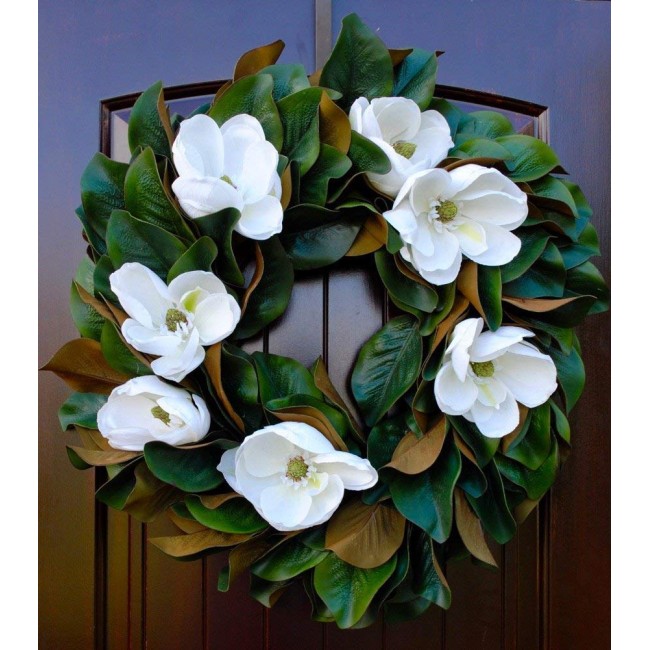 Southern Magnolia Wreath with Blooms and Leaves for Front Door Rustic Look-22-23" Diameter, Round