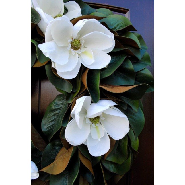 Southern Magnolia Wreath with Blooms and Leaves for Front Door Rustic Look-22-23" Diameter, Round