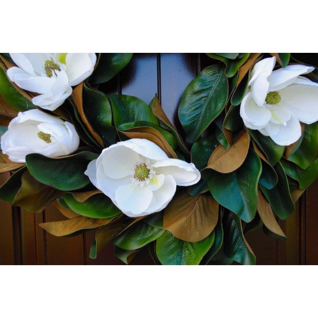 Southern Magnolia Wreath with Blooms and Leaves for Front Door Rustic Look-22-23" Diameter, Round