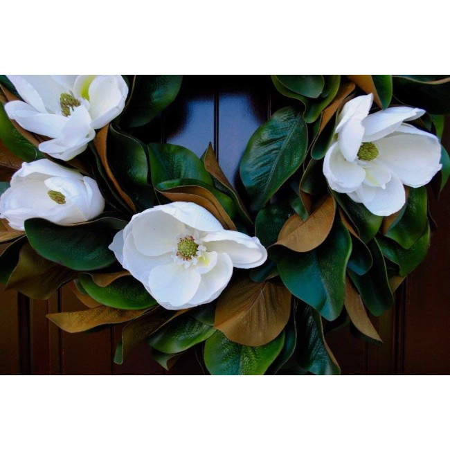 Southern Magnolia Wreath with Blooms and Leaves for Front Door Rustic Look-22-23" Diameter, Round