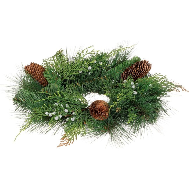 13 Inch Diameter Christmas Mixed Pine Pillar Candle Ring with Cedar, Berries and Pine Cones