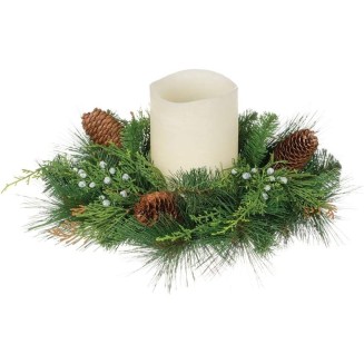 13 Inch Diameter Christmas Mixed Pine Pillar Candle Ring with Cedar, Berries and Pine Cones