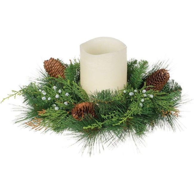 13 Inch Diameter Christmas Mixed Pine Pillar Candle Ring with Cedar, Berries and Pine Cones