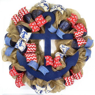 Anchor Wreath - Coastal Nautical Decor - Jute Burlap Front Door Wreath | Navy Blue Red White