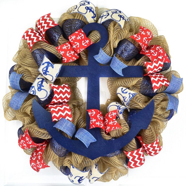 Anchor Wreath - Coastal Nautical Decor - Jute Burlap Front Door Wreath | Navy Blue Red White