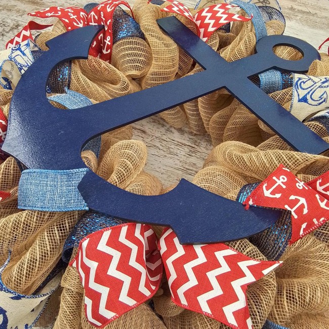 Anchor Wreath - Coastal Nautical Decor - Jute Burlap Front Door Wreath | Navy Blue Red White