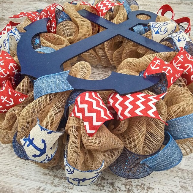 Anchor Wreath - Coastal Nautical Decor - Jute Burlap Front Door Wreath | Navy Blue Red White