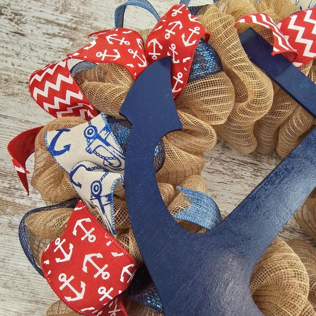 Anchor Wreath - Coastal Nautical Decor - Jute Burlap Front Door Wreath | Navy Blue Red White