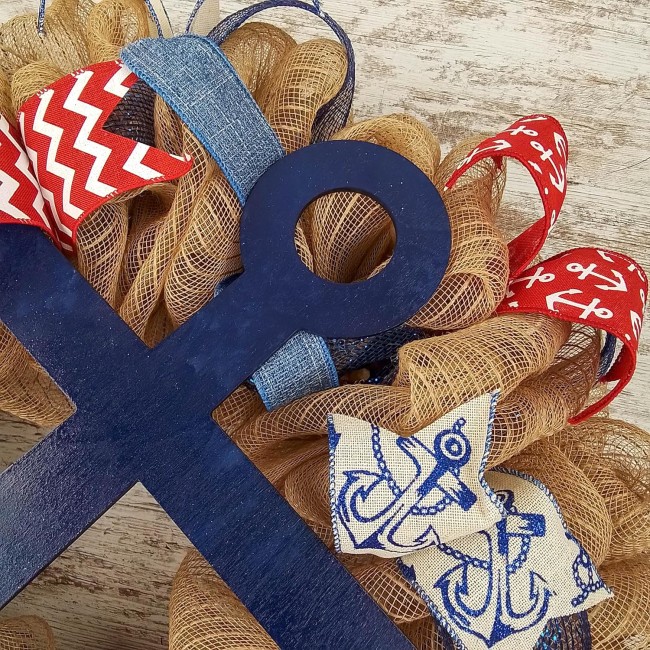 Anchor Wreath - Coastal Nautical Decor - Jute Burlap Front Door Wreath | Navy Blue Red White