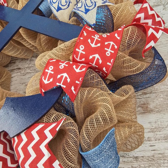 Anchor Wreath - Coastal Nautical Decor - Jute Burlap Front Door Wreath | Navy Blue Red White