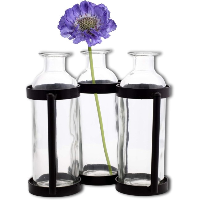  Set of 3 Plant Propagation Glass Flower Bud Vase and with Metal Stand Holder, 6.5” Tall Vases for Home, Table Decor, Kitchen, Bathroom, Bedroom, Shelf Decorations