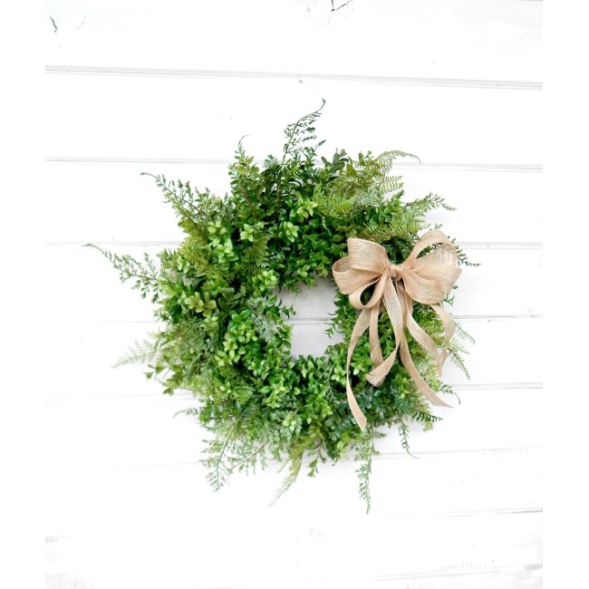 18" Artificial Boxwood Fern Wreath, Burlap Bow, Green Front Door Decor Wreath Home Decor, Indoor/Outdoor, Greenery Wreaths, Summer Decorations, Custom Made, Housewarming Gift