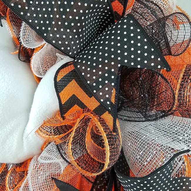 Ghost Wreath | Ghost Head and Tail Halloween Mesh Front Door Outside Wreath; Orange Black White