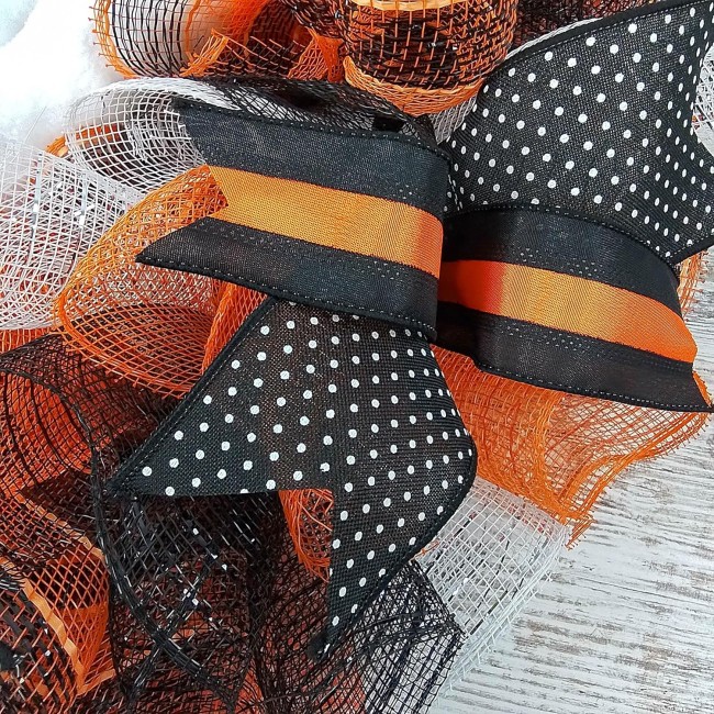 Ghost Wreath | Ghost Head and Tail Halloween Mesh Front Door Outside Wreath; Orange Black White