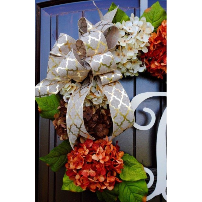 Hydrangea Front Door Wreath with Monogram Letter Option made of Orange, Green, Cream, and Brown Hydrangeas with Three Bow Options on Grapevine Base