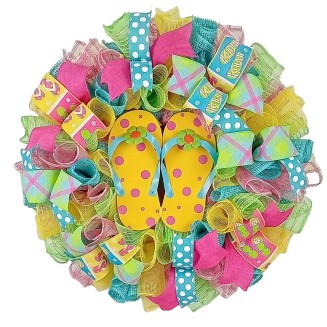 Yellow Summer Spring Flip Flop Welcome Deco Mesh Wreath | Turquoise Lime Green Pink