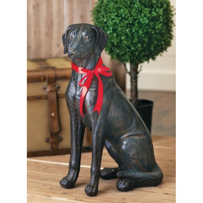  Dog Sculpture Statue Figurine, Sitting Black Labrador with Red Bow, 9"L x 14"W x 26"H, Black (N1960)