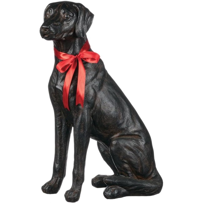  Dog Sculpture Statue Figurine, Sitting Black Labrador with Red Bow, 9"L x 14"W x 26"H, Black (N1960)