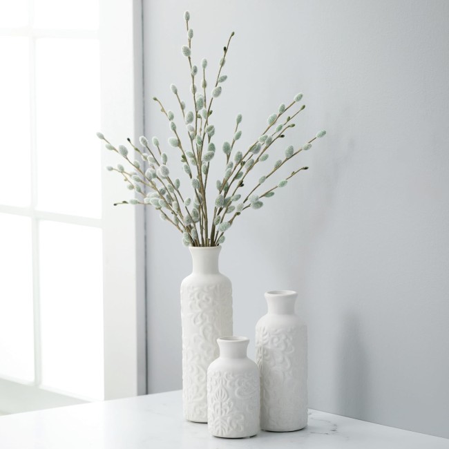  Small White Embossed Ceramic Vase Set of 3, Matte Finish, Vases for Decor, Modern Home, Centerpieces, Mantle, Tabletop, for Living Room, Bedroom, Kitchen, Entryway Decor