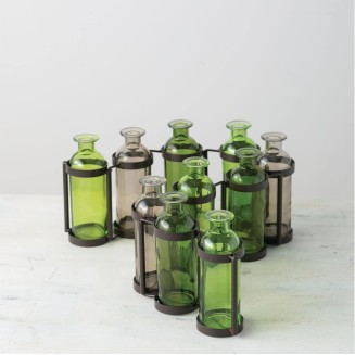  Tinted Glass Bottle Vase Set of 10 Connected with Metal Bottle Holder fits Ten Bottles, (G8252)