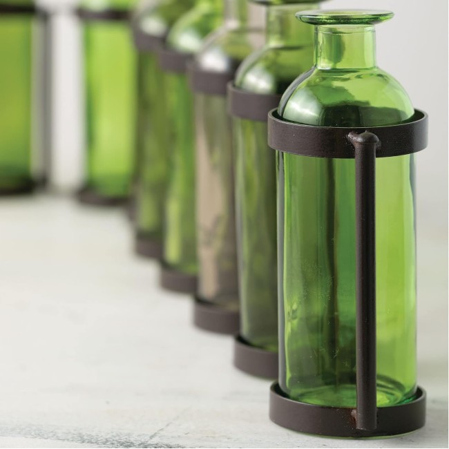  Tinted Glass Bottle Vase Set of 10 Connected with Metal Bottle Holder fits Ten Bottles, (G8252)