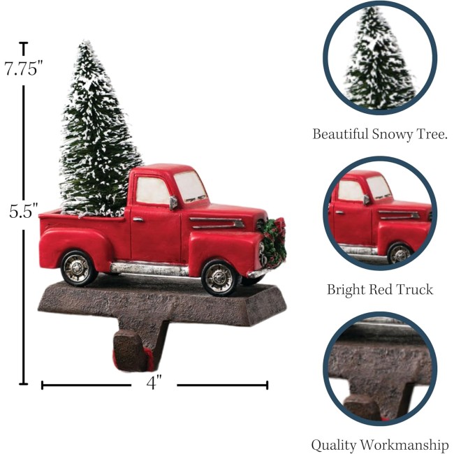  Little Red Truck Holding a Christmas Tree Stocking Holders for Mantel, Christmas Stocking Holder for Fireplace, Stocking Hooks for Fireplace Stocking Holders for Holiday Decoration