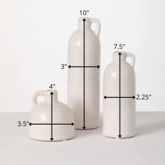  Modern Farmhouse Distressed Two-Toned White Small Ceramic Jug Set of Three (3), 4, 7.5, 10” Tall, Crackled Finish Faux Floral Jugs, Distressed Decoration