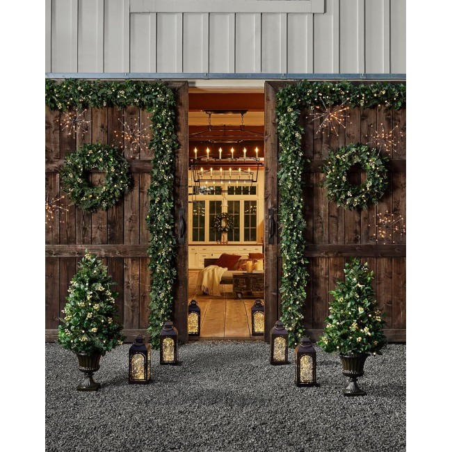 Balsam Hill | Luxury Artificial Wreath | Prelit | White Berry Cypress | 28in | Equipped with LED Clear Lights | Easy Storage