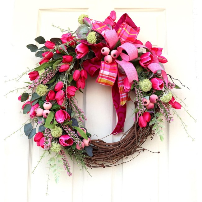 Easter Spring grapevine front door wreath, Pink Tulip wreath, extra large grapevine, Wedding decorations