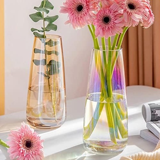 Aoderun Glass Vase for Flowers Modern Vases Home Decor Unique Flower Vase for Bouquet 8.7" Centerpiece Vase Decor Room,Living Room,Library,Office,Table,Entryway,Modern Farmhouse(Iridescent Clear)