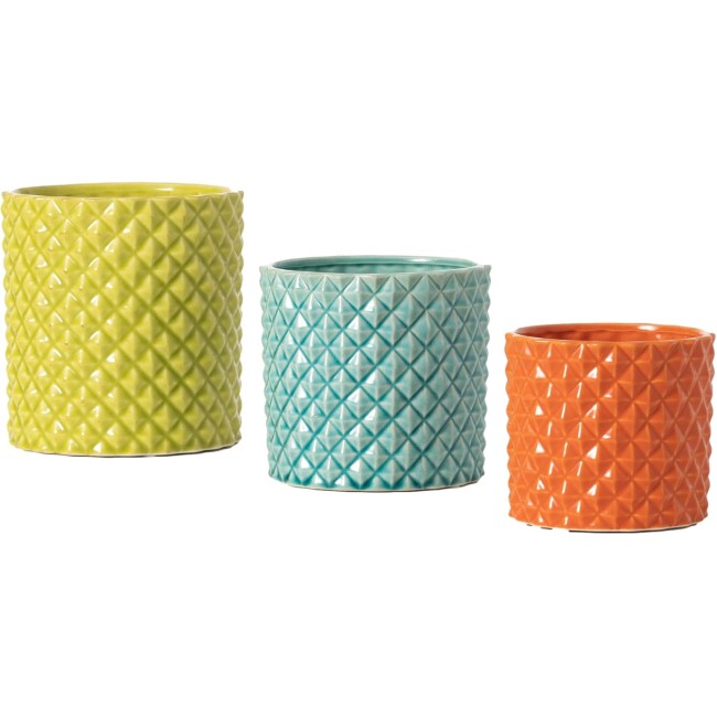  Ceramic Planter Set - 3 Small Planters, Contemporary Home Décor, Modern Farmhouse, Ideal Shelf Décor, Table Décor, Bookshelf, Mantle, Entryway – Yellow, Aqua & Orange (CM2976)