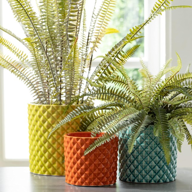  Ceramic Planter Set - 3 Small Planters, Contemporary Home Décor, Modern Farmhouse, Ideal Shelf Décor, Table Décor, Bookshelf, Mantle, Entryway – Yellow, Aqua & Orange (CM2976)