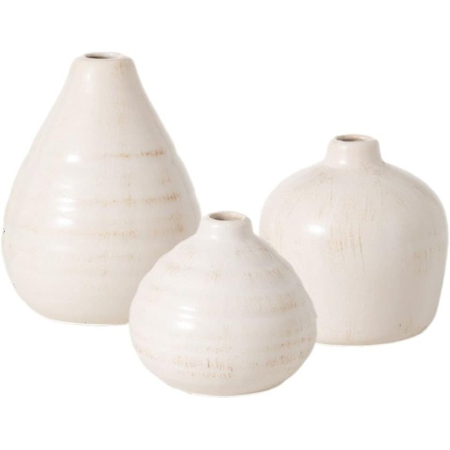  Ceramic Vase Set- 3 Small Vases, Rustic Home Décor, Modern Farmhouses; Ideal Shelf Décor, Table Décor, Bookshelf, Mantle, White (CM2973)