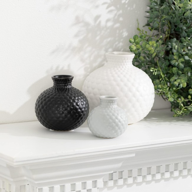  Modern Textured Ceramic Multi Color Low Ball Vase Set of Three (3), Circle Pattern, White, Gray, and Black, 6.5" H, 4.5" H & 3.5" H, Decoration for Contemporary Home Décor (CM2964)