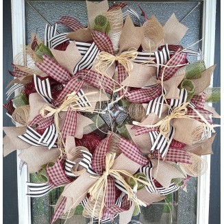 Country Primitive Burgundy Gingham Fall Ribbon Deco Mesh Front Door Wreath, Porch Patio Decor, Home Garden Decoration, Unique Housewarming Birthday Gift