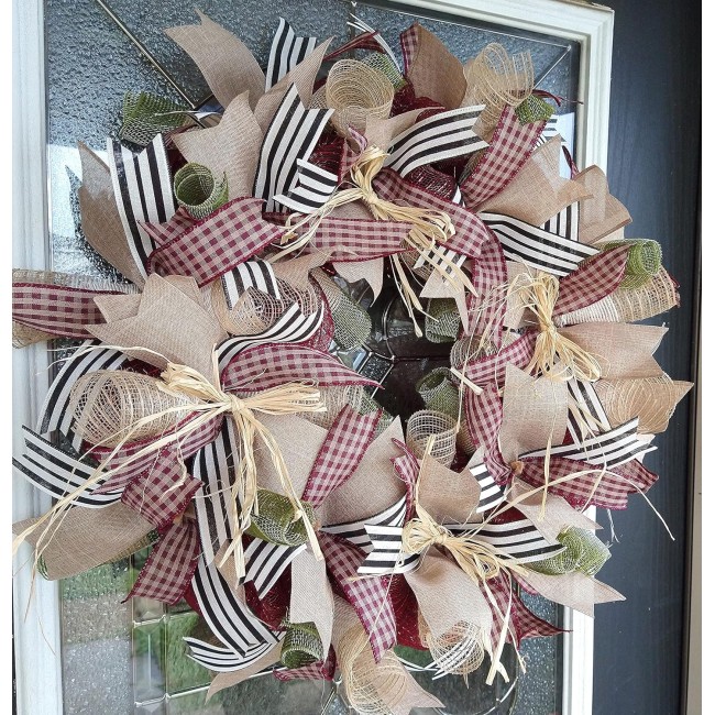 Country Primitive Burgundy Gingham Fall Ribbon Deco Mesh Front Door Wreath, Porch Patio Decor, Home Garden Decoration, Unique Housewarming Birthday Gift