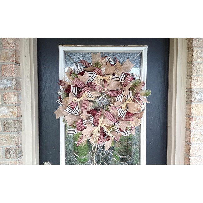 Country Primitive Burgundy Gingham Fall Ribbon Deco Mesh Front Door Wreath, Porch Patio Decor, Home Garden Decoration, Unique Housewarming Birthday Gift