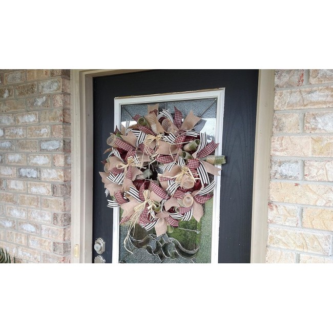 Country Primitive Burgundy Gingham Fall Ribbon Deco Mesh Front Door Wreath, Porch Patio Decor, Home Garden Decoration, Unique Housewarming Birthday Gift