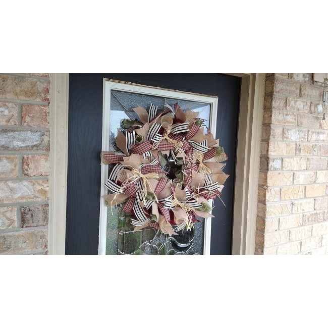 Country Primitive Burgundy Gingham Fall Ribbon Deco Mesh Front Door Wreath, Porch Patio Decor, Home Garden Decoration, Unique Housewarming Birthday Gift