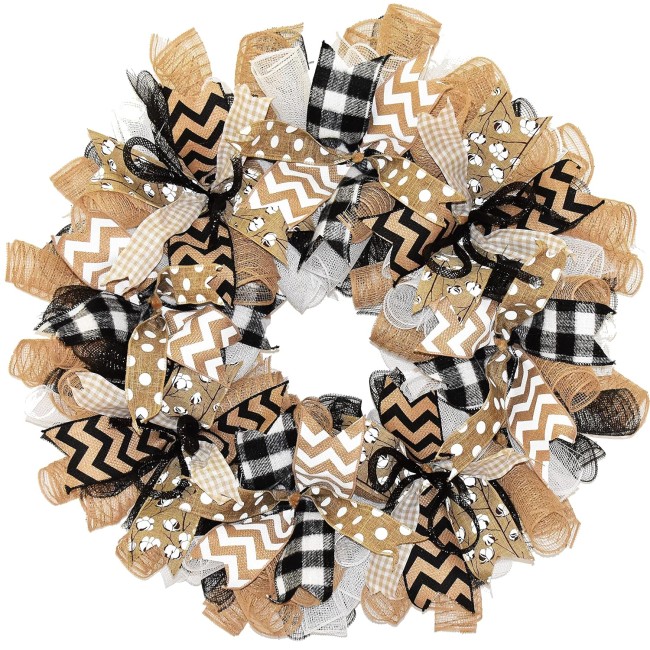 Everyday Wreath for Front Door - Year Round Deco Mesh Country Farmhouse Porch Decor - Black White Beige - 24 Inch, Indoor/Outdoor - Handmade Wreath