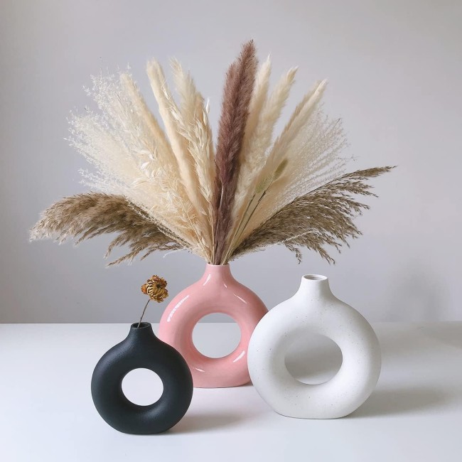 White Ceramic Vases for Pampas Grass,Water Drop Design Doughnut vase Modern Home Decor Minimalist Nordic Boho Ins Style (White Medium)