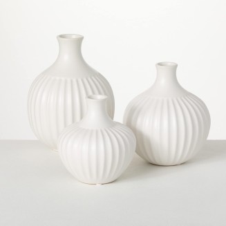  Large Modern White Ribbed Vase Set of 3; Modern Home Decor; Tabletop Decor, Centerpieces; 9.5" H, 8" H, 6.5" H