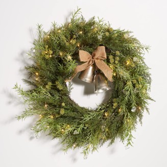 SAFAVIEH Home Collection 22-inch Decorative Artificial Pine Wreath with Gold Bells LED Light (Fully Assembled)