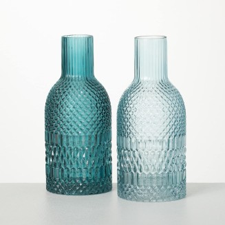  10" Turquoise Faceted Bottle Vases - Set of 2, Home Décor Accents, Tabletop Vases, Living Room Décor, Mantle and Entryway Vases