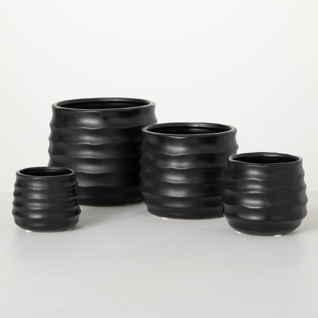  6", 5", 4" & 3" Ebony Ribbed Round Pots - Set of 4, Home Décor Accents, Tabletop Vases, Living Room Décor, Mantle and Entryway Vases